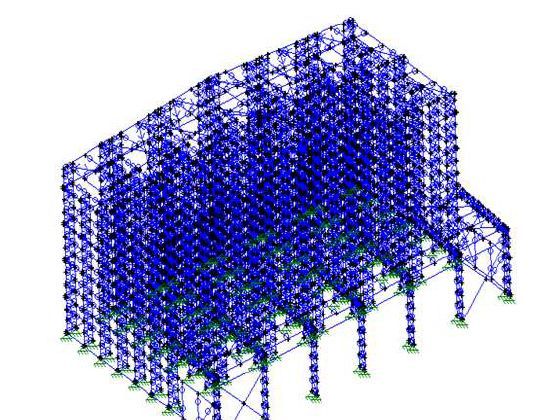 Modelo 3D de uma estrutura de armazenagem no software de cálculo estrutural
