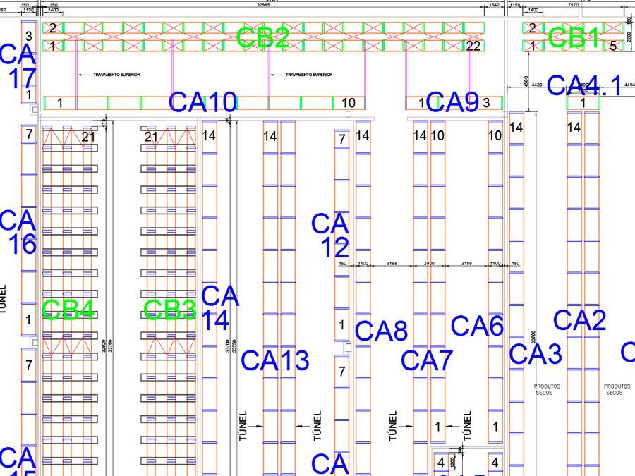 Trecho da planta de um projeto executivo da Brant com o layout das estruturas de armazenagem