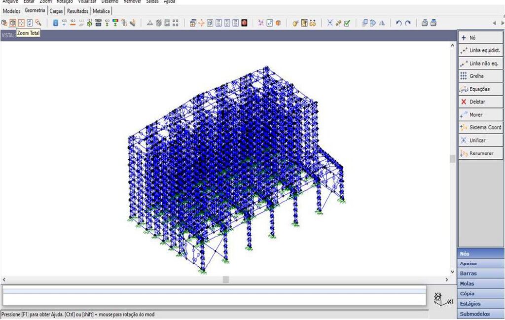 Modelo 3D no software STRAP usado no cálculo estrutural de porta-paletes autoportantes